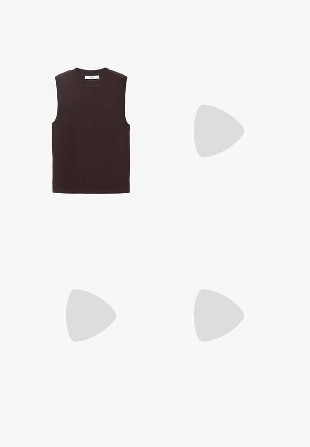 Bezrukávový svetr v tmavě hnědé barvě, vyrobený z měkké, strukturované tkaniny. Má kulatý výstřih a žebrované okraje na výstřihu paží a dolním lemu.; Mango Maxi sukně - brown; Hnědé semišové tenisky s bílými akcenty a tkaničkami. Gumová podrážka. Nošeny s bílými ponožkami s černými pruhy. Zelená strukturovaná podlaha.; Hnědá kožená kabelka s hladkým, lesklým povrchem, jediným popruhem přes rameno a zipovým uzávěrem. Disponuje minimalistickým designem a bez viditelných vzorů.