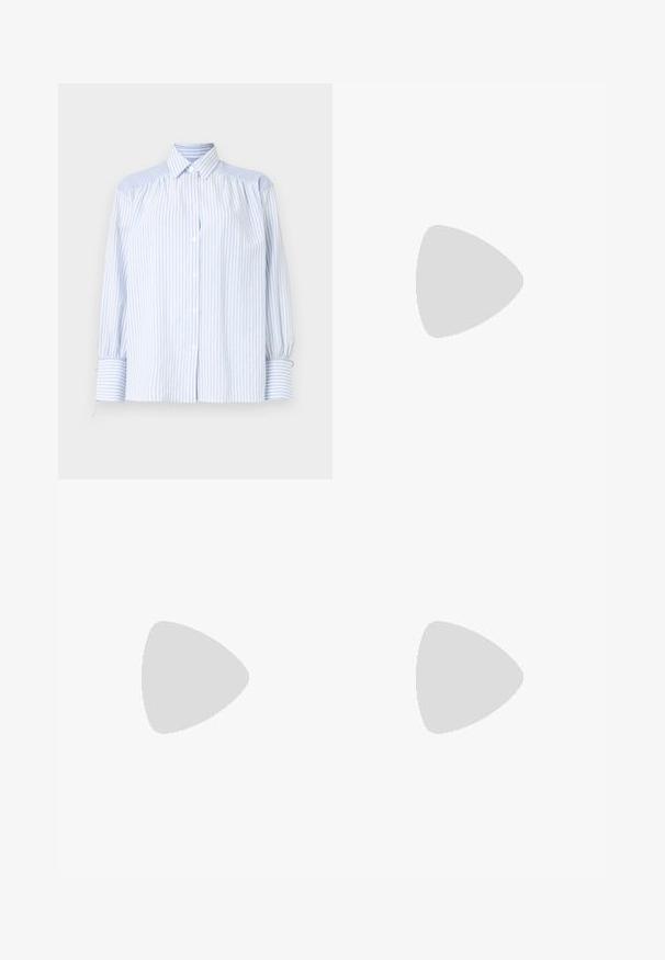 IVY OAK KOLLINA - Langarmshirt - helles weiß; Helles, blau gestreiftes Hemd mit Kragen, gepufften Ärmeln und elastischen Bündchen. Strukturierte Schultereinsätze stehen im Kontrast zu dem glatten Stoff.; iBlues NUCLEO - A-Linien-Rock - beige; Filippa K REY FLAT - Klassischer Ballerina - black; Gestreifte Schultertasche aus gewebtem Stoff in Orange und Beige, mit einem goldenen Kettenriemen und einem Reißverschluss oben.