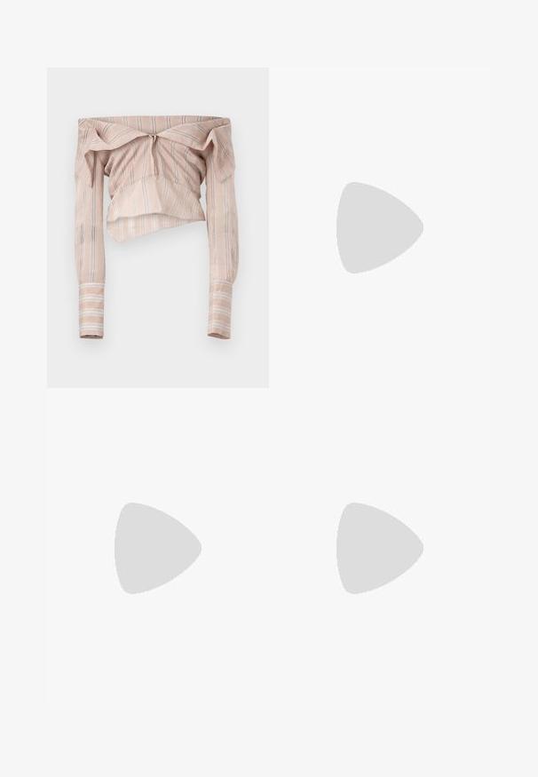 Haut court en coton sans manches blanc arborant le texte "MO5CH1NO JEANS" en impression noire et orange, avec une finition légèrement texturée.; Haut à manches dénudées à rayures en doux tissu rose clair, avec un devant froncé, des manches longues et des rayures blanches le long des manches.; Sinead Gorey STRIPED PLEATED MINI SKIRT - Minijupe - green/red; Ballerines en cuir noir avec un bout rond, texture lisse, détails de couture minimalistes et design de semelle flexible.; The Kooples SAC - Sac à main - black