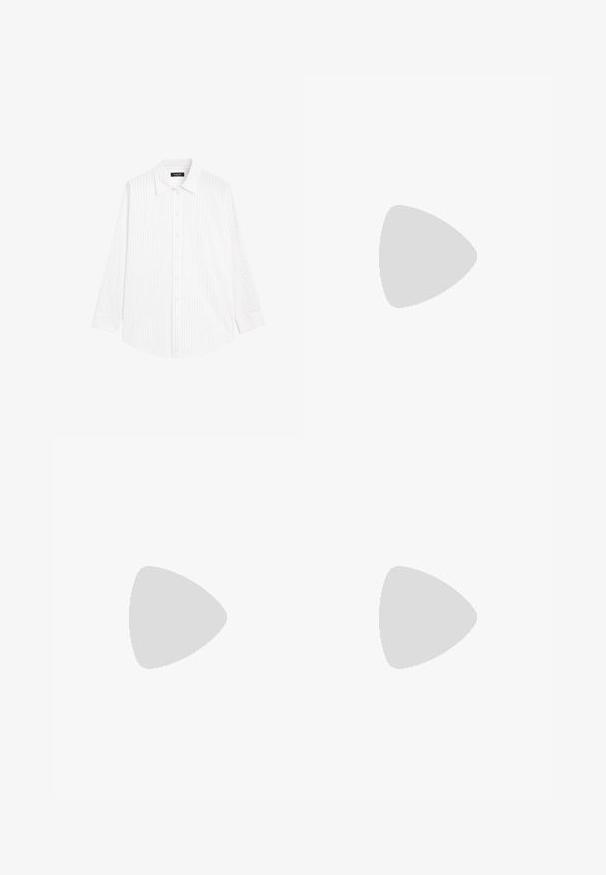 Chemise blanche à boutons avec des rayures verticales gris clair, col évasé, manches longues et coupe décontractée. Fabriquée en tissu léger.; Massimo Dutti HIGH-WAIST BARREL FIT - Wide Leg - white; Loafers noirs avec une texture en cuir de crocodile, présentant une sangle proéminente sur le coup de pied, exposés sur un fond blanc.; Sac à motif léopard avec une bandoulière en cuir noir et un pompon. Matériau texturé ressemblant à de la fourrure. Forme incurvée avec des accents en métal doré.; Boucles d'oreilles en argent avec une rangée de pierres claires et un pendentif en cristal rond suspendu à chacune. Métal poli, design épuré.