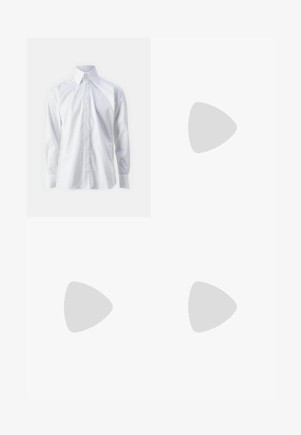 Vit långärmad skjorta i slätt tyg, med klassisk krage, knappstängning fram, och diskret broderad logotyp längst ner till vänster.; Svarta byxor i slät väv, med rak ben-design, två framfickor och standardmidja med bälteshällor.; Svart läderankelboot med spetsig tå, elastiska sidopaneler, vertikala sömnadsdetaljer och en låg blockklack.; Svarta rektangulära solglasögon med mörka linser, en slät plastinramning och en diskret logotyp på vänster skalmar. Minimalistisk design.; Svart fluga med ett strukturerat diagonalt mönster, smal form och spetsig topp. Tillverkad av ett slätt tyg, lämplig för formella tillfällen.