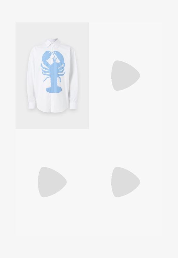 White long-sleeve shirt featuring a large blue lobster graphic on the front. The shirt has a classic collar and button cuffs.; Beige linen shorts with a smooth texture, featuring two side pockets, a waistband with belt loops, and a straight leg design.; Black leather loafers with a smooth texture, rounded toe, and a decorative strap across the vamp. Low stacked heel, minimalist design.; Sunglasses with a black frame, gray tinted lenses, and sleek design. Features curved edges and thin arms for a lightweight look.