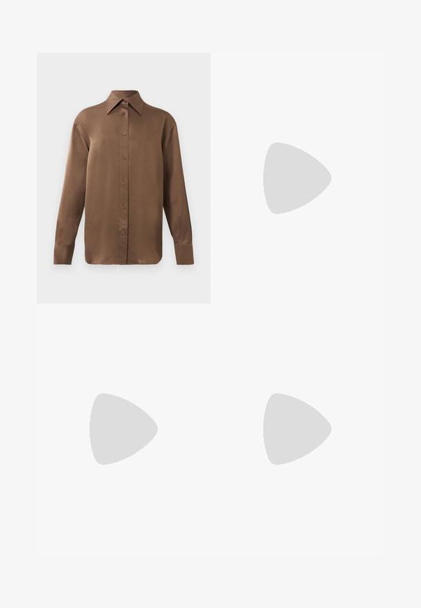 Pruun pikkade varrukatega nööbitav särk terava krae ja mansettidega, esitatud lihtsa valge tausta ees.; Laia säärega cargo püksid tumeroheline ja heegeldatud halli kamoflaažiga mustris. Omab küljetaskut ja metallnuppu, valmistatud vastupidavast puuvillamaterjalist.; Mustast nahast kassikontsaga king, millel on terava kujuga hõbedane nina ja topeltsõlmedega rihmad, valgel taustal.; Must musta kott, millel on kahekordsed käepidemed, kuldne lukustus ja kett, ning must-valge tutikate aksessuaar valge tausta ees.