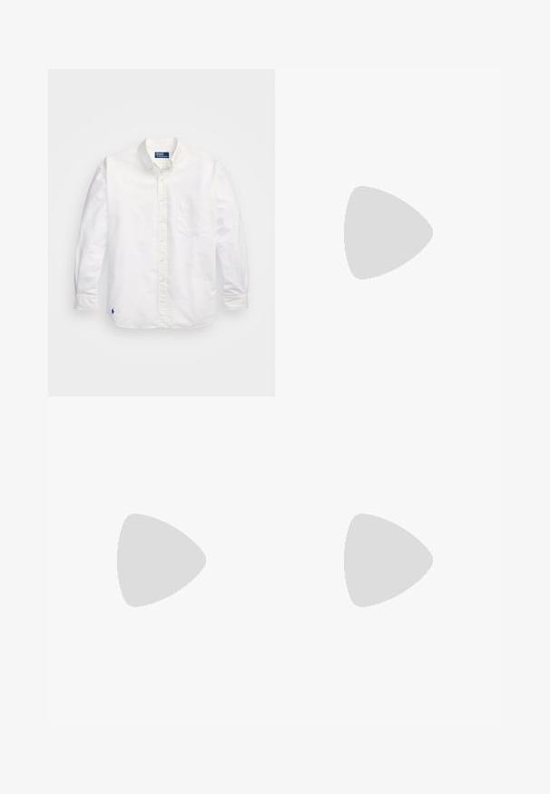 White cotton long-sleeve shirt with a button-down collar, left chest pocket, and a small blue logo on the lower left side.; Black shorts with an elastic waistband, featuring a logo tag on the bottom right, made of lightweight fabric with a crinkled texture.; Black patent leather loafers with a white leather accent, thick black rubber tread sole, and stitched detailing. Smooth texture with a shiny finish.; Black duffel bag featuring durable fabric, dual handles, detachable strap, zipper closure, and a small logo at the base.