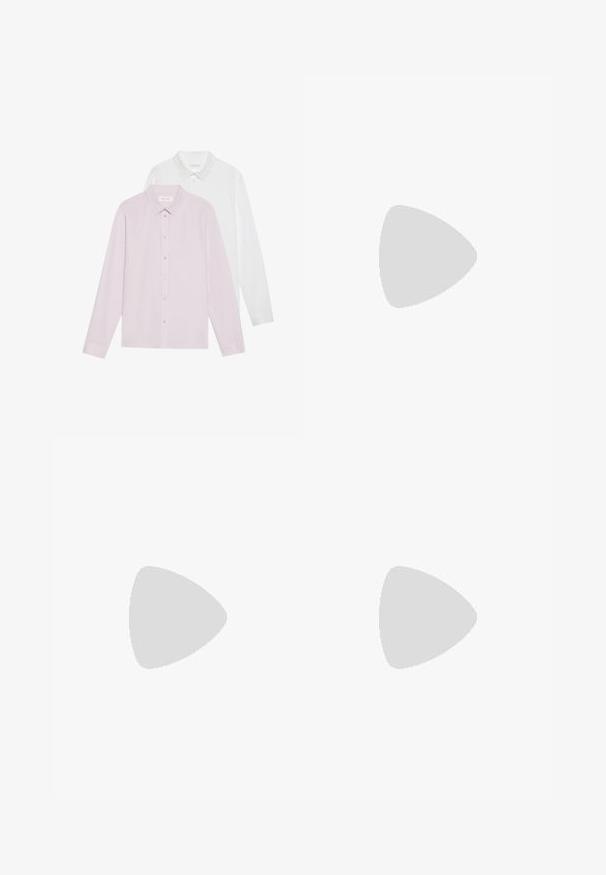 Duas camisas de manga longa: uma rosa claro, outra branca. Ambas apresentam colarinhos pontiagudos e fechos de botão. Tecido suave sem padrões.; Calças castanhas com uma textura suave e mate, apresentando um frente pregueada e pernas retas. Feitas de um tecido leve e respirável.; Mocassins de couro preto com ponta arredondada, apresentando um design costurado, uma pequena tirinha frontal com detalhes em metal e uma sola de borracha plana.; Pasta de couro azul-marinho escura com alças superiores duplas e uma alça destacável. Apresenta um acabamento texturizado, costura vertical e detalhe do logotipo.