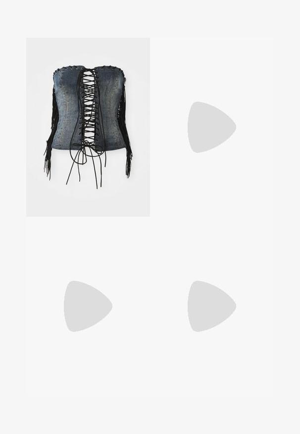 Denim strapless corset with black lace-up front, silver eyelets, and black fringe accents along the sides. Features structured fit and distressed texture.; Denim shorts in gradient blue wash with frayed hem and black fringe embellishments on the sides, featuring front pockets and a waistband.; Onitsuka Tiger MEXICO 66 - Trainers - silver off white; Dark blue denim bag with a soft, slouchy shape, featuring a hobo-style handle and textured surface. No visible hardware accents.