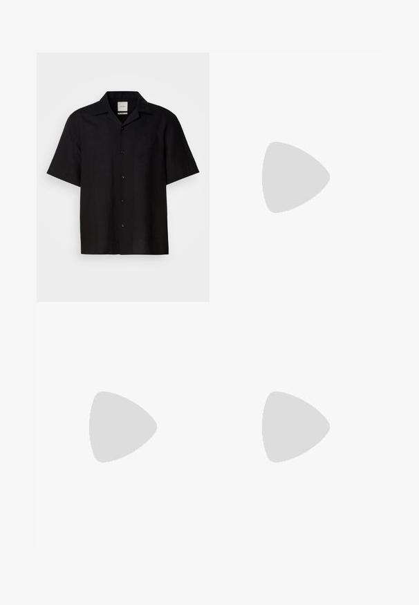 Black short-sleeve shirt made of linen fabric, featuring a button front, pointed collar, and smooth texture. No prominent patterns or accents.; Gray, tapered trousers made from textured fabric. Features an elastic waistband with a drawstring, no pockets, and a smooth finish.; Calvin Klein HYBRID CUP - Slip-ons - triple black; Brown leather laptop bag with a textured surface, dual top handles, adjustable strap, and two front buckles for added detail.
