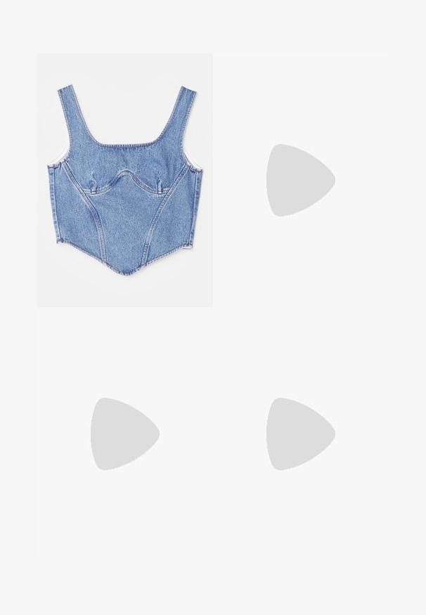 Denim corset top with wide straps, structured seams, and a fitted silhouette. Light blue color with subtle fading and contrasting stitching details.; Pink, wide-leg pants made of lightweight fabric, featuring shimmering sequins in pink and copper patterns, with an elastic waistband.; Black leather slip-on mules with a pointed toe, gathered texture, and a small kitten heel. Features a drawstring detail at the opening.; Gray fabric handbag with a half-moon shape, textured surface, silver chain strap, and zip closure. Black accent on the base.