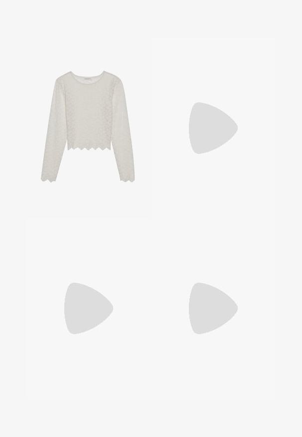 Top a maniche lunghe color crema con un motivo floreale testurizzato, design corto e orlo a scallop. Realizzato in un tessuto leggero e semitrasparente.; Shorts bianchi, su misura, con un fronte piatto, una texture liscia e un taglio dritto. Nessuna hardware o motivi visibili. Design semplice e minimalista.; Sandali con tacchi in pelle nera, caratterizzati da sottili cinturini, punta quadrata e tacco a stiletto. Cinturino alla caviglia regolabile per una vestibilità perfetta. Texture liscia.; Occhiali da sole bianchi a forma ottagonale con lenti scure. Presentano dettagli in ottone dorato e un design testurizzato sulle aste.; Borsa a spalla nera in materiale sintetico con silhouette curvilinea, finitura testurizzata, logo triangolare dorato e dettagli in metallo removibili.