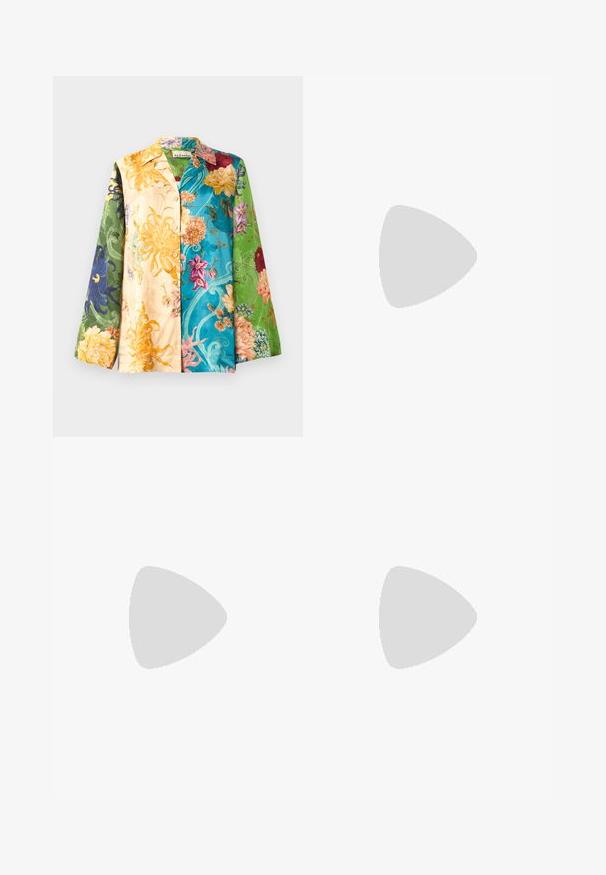 Multicolor floral shirt jacket with long sleeves, featuring a mix of yellow, green, blue, and purple hues. Fabric has a smooth texture and sheen.; Light blue denim skirt with a tie waist, featuring a front slit and raw hem. Made of soft denim fabric for comfort and ease of movement.; Black leather slingback shoe with a pointed toe, featuring a woven accent and pleated upper design. Flat sole with minimal hardware.; Brown leather handbag with a flap closure, gold-tone hardware, a shoulder strap, and a smooth texture. Compact rectangular shape.