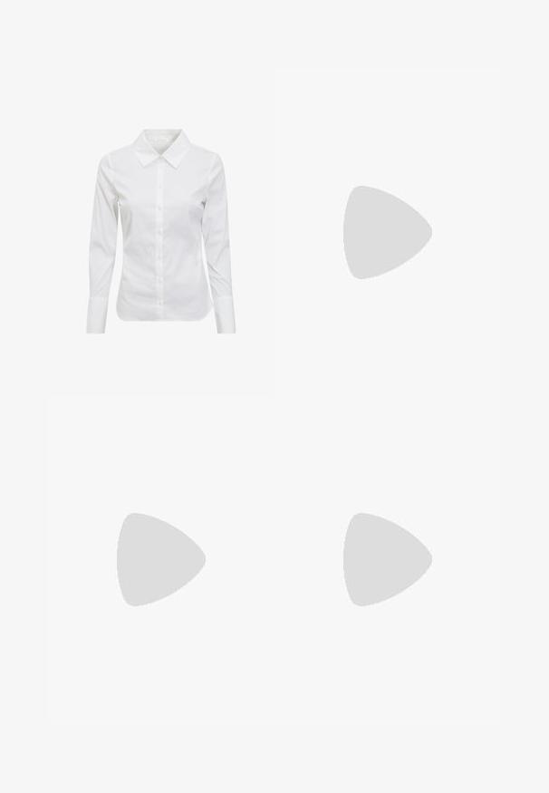 Valkoinen pitkähihaista paitaa klassisella kauluksella, nappikiinnitys edessä ja sileästä puuvillakankaasta. Minimalistinen muotoilu, ei kuvioita tai koristeita.; Mustat leveälahkeiset farkut korkealla vyötäröllä, valmistettu denimestä, jossa on sivutaskut ja nappikiinnitys. Sileä pinta ja istuva malli.; Musta nahkainen liukusuoja, jossa on paksu musta kumipohja. Ominaisuuksiin kuuluu leveä hihna edessä ja brodeerattu muotoilu varpaiden ympärillä.; Musta nahkainen hobo-laukku, jossa on löysä muotoilu, leveä olkahihna ja sileä pinta. Sisältää yhden vetoketjukiinnityksen sivussa.