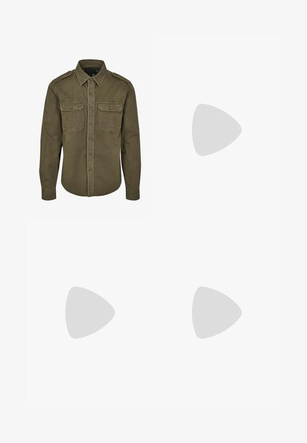 Olive green button-up shirt made of cotton. Features a collar, two chest pockets with flaps, and structured shoulders with visible stitching.; Navy blue long-sleeve shirt with a rounded neckline, two-button placket, and ribbed cuffs. Soft, textured fabric with raglan sleeves.; Green short-sleeve t-shirt with a chest pocket, paired with light blue denim jeans. Model stands in brown shoes on a gray background.; Yellow athletic shoe with black accents, smooth leather texture, curved design, round toe, flat white sole, and prominent branding on the side.