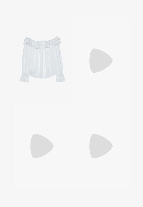 Vit off-the-shoulder-blus i mjuk tyg, med rynkad krage, dragsko fram och elastiska manschetter.; Vita vida jeans i denim med breda ben, som har en klassisk femficksdesign, detaljer i guldton och en midja med medelhög höjd.; Beiga träskor med rund tå, justerbar spänne och korkfotbädd. Texturerad yta med en svart gummisula för bra grepp.; Silverfärgade hängande örhängen, 3,6 cm långa och 0,65 cm breda, med en slank, avlång tårformad design med en polerad yta.