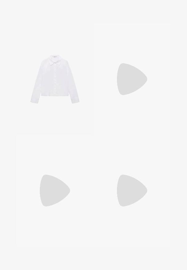 Bijela košulja dugih rukava s klasičnom ovratnikom, središnjim gumbima i glatkom tkaninom koja se završava malo iznad struka.; Crna maksi suknja od glatkog materijala, sa naboranim pojasom i lepršavim dizajnom, uparena sa crnim sandalama na visoku petu.; Crne lakirane kožne sandale s potpeticom s izrezom i šiljatim nosom. Imaju potpeticu u obliku stilettoa i prilagodljivu traku s metalnim dijelovima.; Svijetlosiva strukturirana torba napravljena od kožne kože s teksturom. Ima zlatni zaključak, odvojivu naramenicu i kratku ručku na vrhu.; Quadrantni metalni sat sa srebrno-zlatnom narukvicom. Bijeli brojčanik sa zlatnim oznakama i kazaljkama. Brendiranje na poziciji 12 sati.