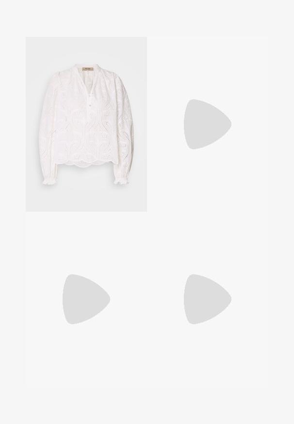 Top sin mangas de color azul marino con un diseño cruzado, que presenta patrones de hojas tropicales blancas, una textura suave y un escote en forma de V.; Blusa blanca con patrón recortado intrincado, cierre de botones en el frente, cuello redondo y puños elásticos. Tejido suave, corte holgado, dobladillo festoneado.; Pantalones de pierna ancha beige hechos de una tela suave, con pliegues frontales, una cintura ajustada y bolsillos laterales. Acabado limpio en el dobladillo.; Sandalia de tacón alto blanca con tiras, con una base plana en la punta, parte frontal texturizada con acentos fruncidos y una delgada correa en el tobillo.; Pendientes de aro de oro con forma irregular y texturizada. Presentan un cierre sin costuras y un acabado pulido, destacando un diseño moderno.