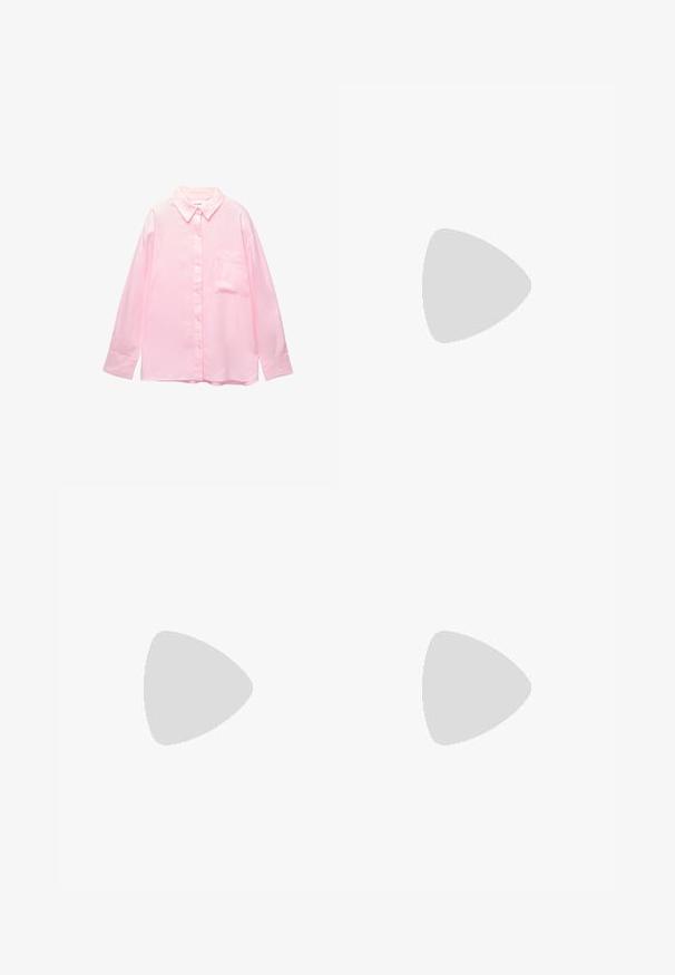 Light pink button-up shirt with a collared neckline, long sleeves, and a chest pocket; made of smooth fabric with a subtle texture.; Denim shorts in light blue, featuring a raw edge hem, five-pocket design, and brass button closure. Smooth texture with slight fading.; Black leather ankle boot with round toe, eyelet lace-up design, orange stitching, and a chunky translucent sole. Pull tab at the back.; Pink faux leather handbag with silver chain handle, heart-shaped accents, front buckle, and two small pockets on the front.