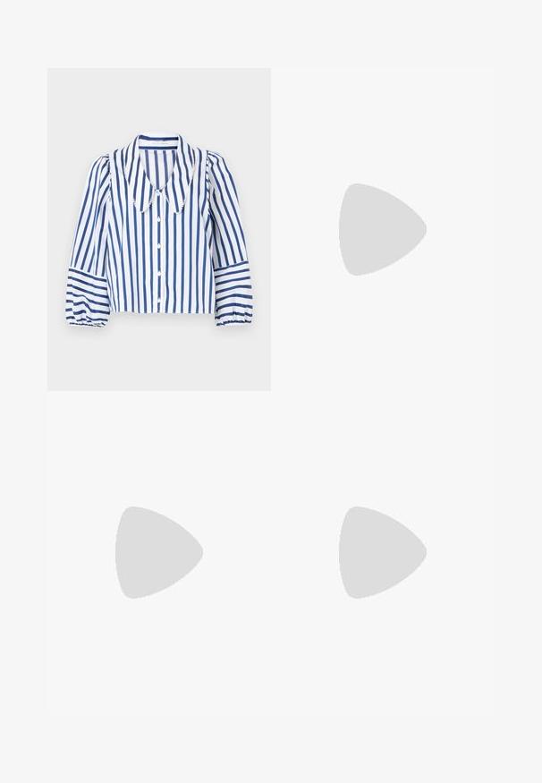 Chemise à rayures bleues et blanches en tissu léger, avec un grand col, fermeture à boutons à l'avant et manches bouffantes avec poignets froncés.; Pantalons larges dans un motif multicolore comprenant des teintes de bleu, d'orange et de marron. Fabriqués en tissu léger avec des motifs floraux abstraits.; Talons hauts en cuir noir avec un bout pointu, dotés d'un talon fin et d'un accent en ton or sur la lanière réglable. Texture lisse.; Sac à main en cuir noir avec un design structuré, featuring une forme cropped, une poignée supérieure et des accents en matériel doré. Bandoulière réglable incluse.