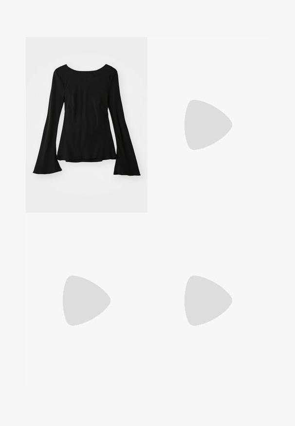 Black long-sleeve top with a scoop neckline. Features flared sleeves and a slightly loose fit. Made from a smooth, stretchy fabric.; Black trousers with a wide-leg design, featuring ruffle accents at the side seams and a flat waistband. Smooth fabric texture, tailored cut.; Black leather slip-on mules with a pointed toe, gathered texture, and a small kitten heel. Features a drawstring detail at the opening.; Small black leather handbag with a rounded shape, top handle, and removable strap. Worn with black fabric dress and black pleated shoes.; Silver pearl earrings with a curved, bean shape. Smooth, shiny surface and secured with a post and back closure.