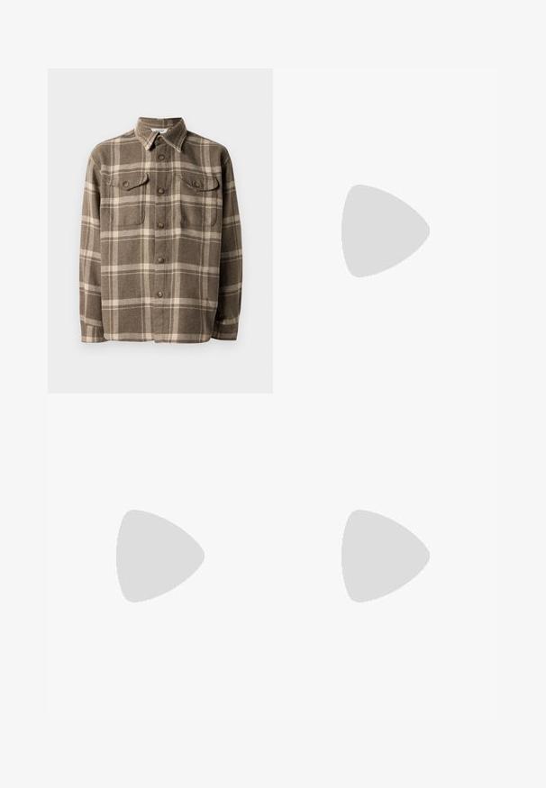 Brown and cream plaid flannel shirt with a buttoned front, two chest pockets, and a classic collar. Soft texture and relaxed fit.; Cotton t-shirt in off-white with a relaxed fit. Features a black printed graphic in a curved style at the center, reading "Café du coucher du soleil."; Charcoal gray cargo pants made of smooth fabric, featuring a straight leg design, two side pockets, and a button closure at the waist.; Lightweight sneaker featuring a white leather upper with beige suede accents, a round toe, and a textured brown rubber sole.