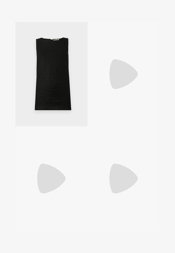 Sleeveless black top made of a lightweight fabric. Features a rounded neckline and a concealed back zipper for closure.; Black wide-leg pants made of a textured fabric. Features a high waist and clean front pleats, with a straight cut down to the hem.; Black patent leather high-heeled mule with a pointed toe and a sleek silhouette, featuring an open back and a slender stiletto heel.; Navy blue leather clutch with a crocodile texture, silver chain strap, and metallic clasp. Rectangular shape with foldover design.