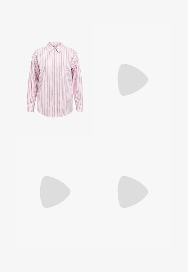 Pink and white striped long-sleeve button-up shirt with a pointed collar and straight hem. Features fabric texture and coordinated button details.; Stine Goya FATOU STRUCTURE STRETCH - Trousers - summer night; Black patent leather high-heeled pump with a pointed toe and an angular stiletto heel, featuring a smooth, shiny texture.; Gray knitted shawl with a smooth texture, triangular shape, and a subtle logo accent. No visible fastenings. Ideal for layering.; Woven beige tote bag with a slouchy design and a single shoulder strap. Features a textured pattern throughout the surface.