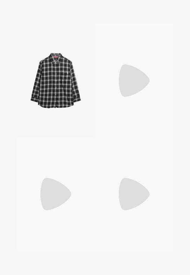 Camisa a cuadros en blanco y negro con mangas largas, cuello de botón, un solo bolsillo en el pecho y un corte relajado. Textura de tela suave.; Jeans de mezclilla de corte amplio en azul claro, con cintura alta, diseño de cinco bolsillos y costuras en contraste. Zapatos de tacón negros complementan el conjunto.; Mocasín de cuero negro con suela de goma gruesa, tira para monedas y punta redondeada, mostrado en perfil lateral sobre fondo blanco.; Gafas de sol Ray-Ban ovaladas negras con lentes oscuros sobre un fondo blanco, mostrando los logos de la marca en la lente y en las varillas.; Bolso tote tejido negro con dos asas resistentes, que cuenta con una textura brillante y un diseño de parte superior abierta y espaciosa.