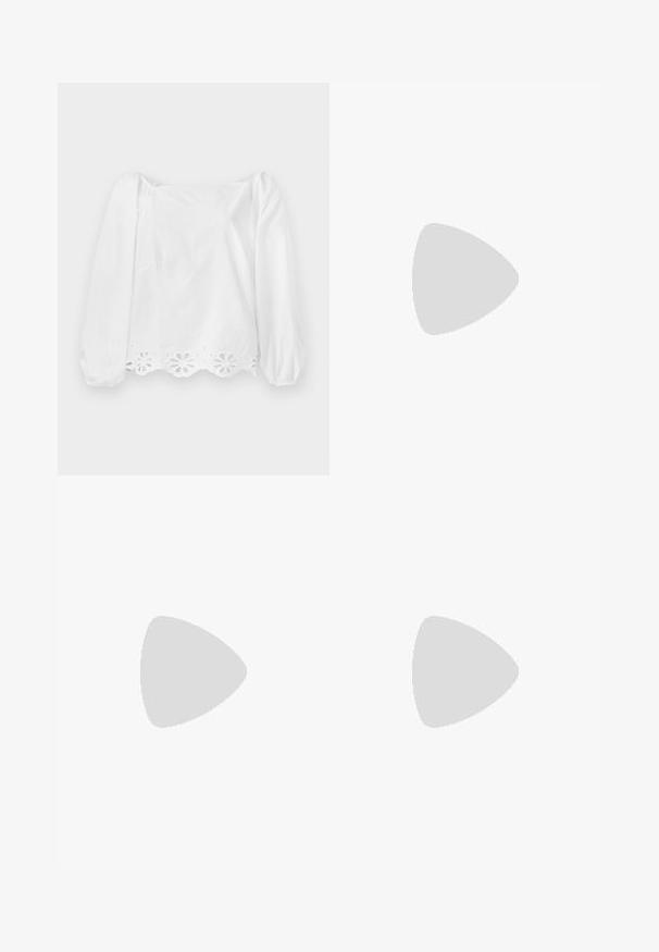 Hvit langermet bluse med puffede ermer og scallop-kant. Har et utstillingsvindu mønster i blomst langs den nedre kanten og en lett glans.; Brune vide bukser med elastisk talje og snørelukning. Teksturmateriale med vertikal stribe mønster. Lige ben.; Beige lær slingback sandal med kryssende stropper, lav hæl og svarte detaljer. Glatt tekstur og minimalistisk design.; Hvit syntetisk håndveske med trekantet form, flat klaff foran og sløyfe detaljer, justerbar stropp, glatt tekstur og minimalistisk design.