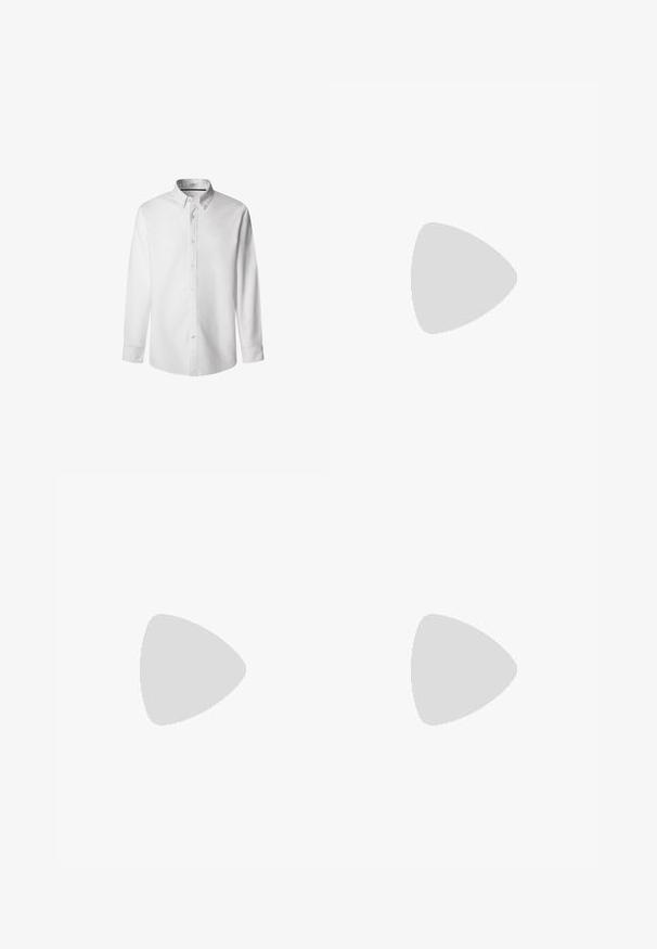 Camisa blanca de manga larga con botones en el cuello y los puños, exhibida sobre un fondo blanco.; Jeans de mezclilla azul oscuro con diseño de pierna recta, que cuentan con una textura ligera, presillas para cinturón y un estilo clásico de cinco bolsillos.; Zapato negro de cuero sin cordones con un upper suave, detalles de costura, punta redonda y un bajo tacón de goma. La suela presenta una tracción mínima.; Gafas de sol negras con forma rectangular, lentes oscuros, detalles plateados en las patillas y un acabado mate en la montura.