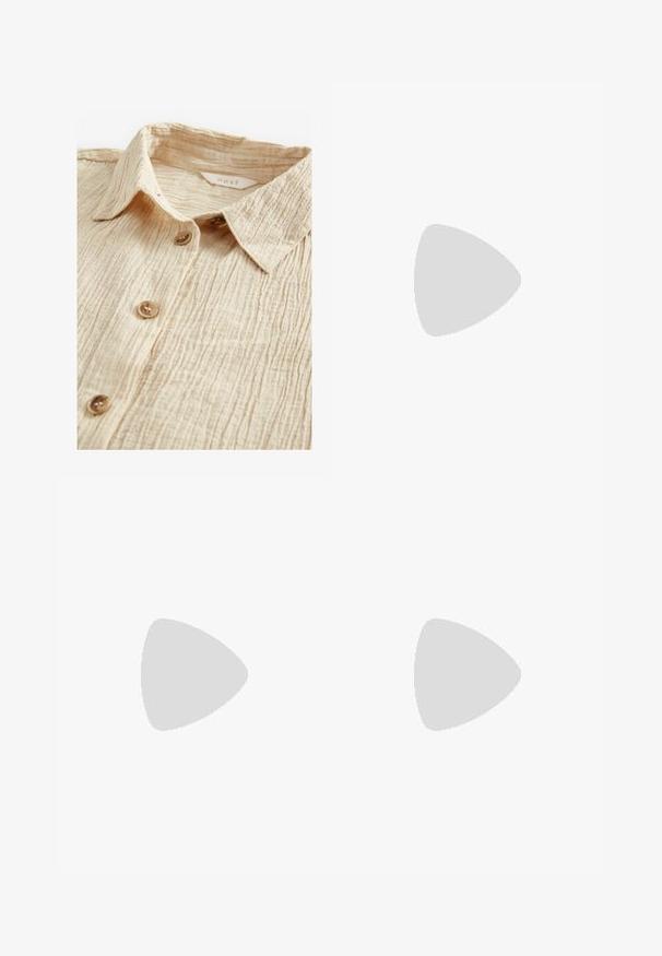 Beige button-up shirt with a textured, crinkled fabric. Features a collar and five brown buttons down the front. Label visible inside.; Beige linen trousers with a loose fit, elastic waistband, drawstring detail, and side pockets. The fabric has a subtle texture.; Anna Field ANAS - Slingback ballet pumps - beige; Tortoiseshell sunglasses with a rounded, chunky frame and brown lenses. Features subtle patterns and straight, tapered arms.; Brown suede hobo bag with a curved shape, single shoulder strap, zip closure, and smooth texture. Simple design with minimal hardware details.