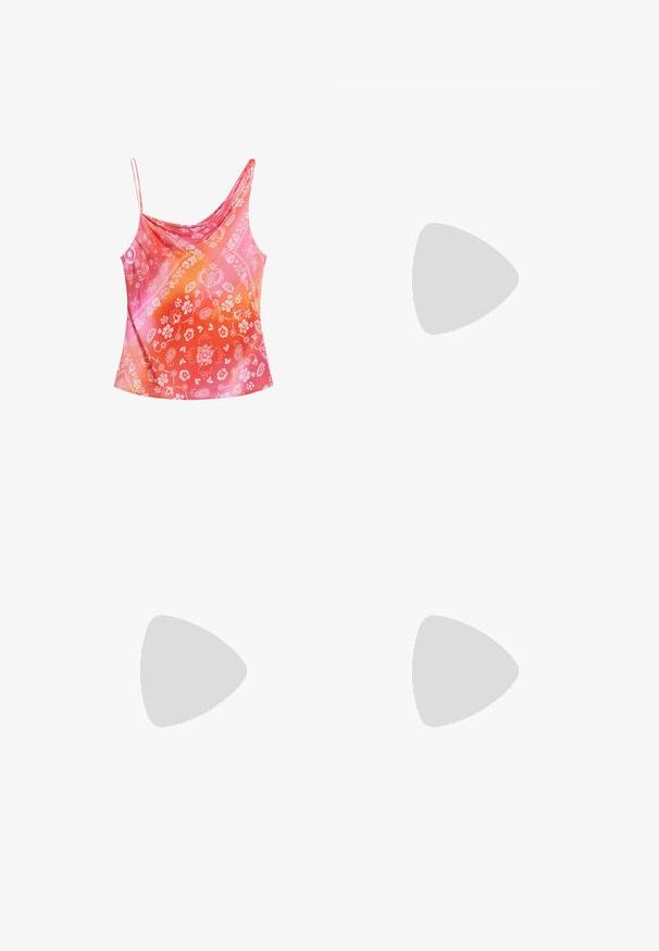 Camisole en satin dégradé de teintes roses et oranges, ornée de motifs floraux et paisley, avec de fines bretelles et un décolleté drapé.; Robe maxi en satin jaune avec une silhouette fluide. Elle présente un décolleté froncé et une texture lisse, conçue pour un port décontracté.; Sandales à talons roses avec une finition brillante, dotées d'un design à lanière et d'un talon métallique fin. Texture lisse et style minimaliste.; Lunettes de soleil avec une monture jaune translucide et des verres teintés en vert. Design angulaire avec des branches larges, portées avec une chemise blanche à accents verts.; Sac à main en paille tissée couleur beige avec des finitions en similicuir marron, doté de deux poignées courtes et d'une longue bandoulière réglable.