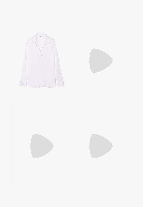Valkoinen pitkähihainen nappipaita, jossa on notche-kaulus, sileä pinta ja näkyvä nappilista edessä. Kevyt kangas laskeutuu pehmeästi.; LIU JO PANT AUTHENTIC BEAT - Bootcut-farkut - grey; Stradivarius BLOCK - Klassiset nilkkurit - dark red; Mustat aurinkolasit, joissa on paksu geometrinen runko, tummat linssit ja kultaiset metallikoristeet temppeleissä, joissa on pyöreä symboliyksityiskohta.; Valkoinen nahkainen käsilaukku kullanvärisellä varusteella, etupuolella läppä ja musta reuna, jossa on ketjuhihna, joka on pidettävä ristikkäin vaaleansinisen paidan kanssa.