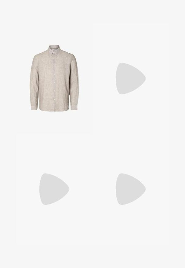 Chemise en lin gris clair à manches longues, col boutonné et boutons à l'avant. Tissu texturé avec un motif subtil.; Pantalon de jogging gris avec une taille élastiquée, un cordon de serrage et des poches latérales. Le tissu semble lisse avec une coupe décontractée et des jambes fuselées.; Mocassins en cuir noir avec un bout arrondi et des détails en piqûre. Présentent une semelle plate et un léger talon pour un supplément d'élévation.; Sac en toile en beige doux avec deux poignées robustes, une poche avant et des détails en métal. Texture lisse et forme rectangulaire.