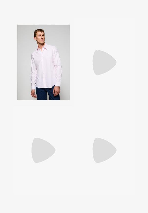 Light pink long-sleeve shirt with white stripes, button-up front, fold-down collar, and small embroidered logo on the chest.; Brown linen trousers with a relaxed fit, featuring a stretchy elastic waistband and straight legs, smooth texture, and minimal detailing.; Brown leather loafers featuring a rounded toe, stitched detailing, and a decorative metal buckle accent on the front. Rubber sole.; Tortoiseshell sunglasses with yellow lenses. Aviator shape with double bridge and metal accents. Smooth surface and sleek design.; Burgundy patent leather crossbody bag with a rectangular shape, two straps, silver hardware, and a flap closure.; Rectangular rose gold watch with a white dial, minimalist hour markers, and a linked metal bracelet. Features a crown on the right side.