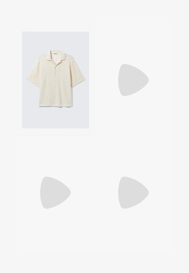 Short-sleeve button-up shirt in cream with a ribbed texture. Features a folded collar and five front buttons. Casual design.; Black short-sleeve t-shirt made of cotton. Features a crew neckline and a relaxed fit. Simple design with no patterns or accents visible.; Beige trousers made of smooth fabric. Straight-leg design with a button closure. Features belt loops and a classic cut for a versatile fit.; Pair of maroon leather boat shoes with thick tan rubber soles and red laces on a white background.