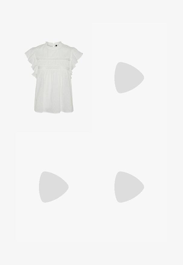 Blusa bianca con maniche corte a volant, caratterizzata da un colletto rotondo e un prezioso bordo in pizzo sul petto. Texture a pois in tutto il capo.; Hollister Co. PRETTY GRAD MINI - Minigonna - white; Elara Stivali texani / biker - natur; Even&Odd by Zalando Occhiali da sole - dark brown