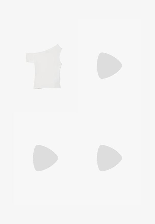 Haut blanc asymétrique en tissu satin, comportant une manches courte et un design dénudé d'épaule, avec un look propre et minimaliste.; Tissu rouge recouvert de sequins rouges brillants en forme de fleurs, avec des tailles et des textures variables, créant une apparence superposée et texturée.; Sandale blanche à talons hauts avec un talon épais, présentant un design à lanières et un lien autour de la cheville. Texture lisse avec une plateforme à l'avant pour une hauteur supplémentaire.; Sac à main beige en matériau souple, avec un design décontracté, des détails cousus et deux poignées. Idéal pour un usage quotidien.