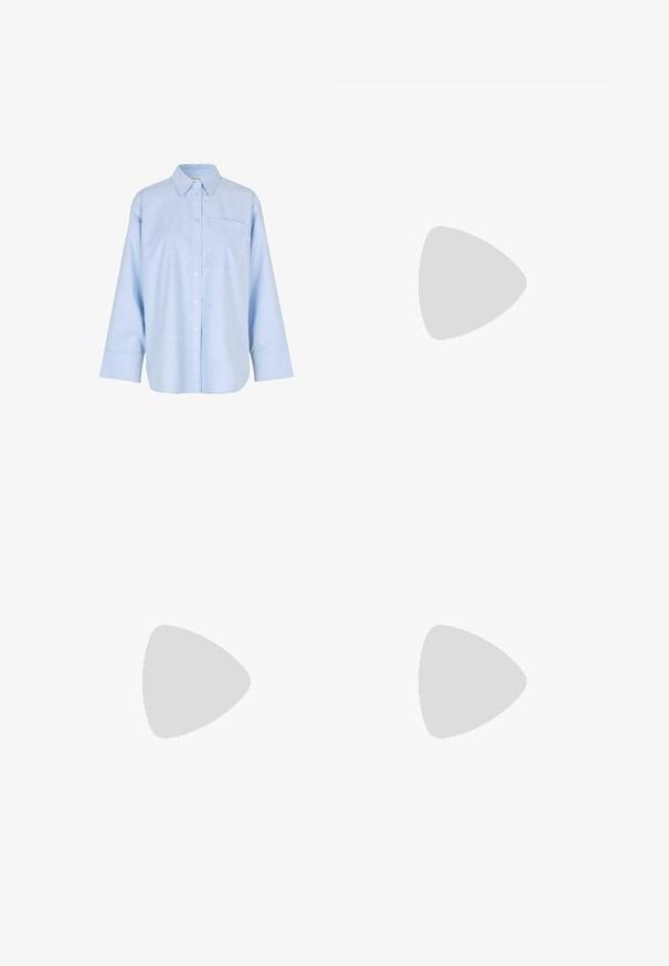 Camicia azzurro chiaro a maniche lunghe con bottoni, realizzata in un tessuto morbido e leggero. Presenta una tasca frontale e un design del colletto classico.; Shorts sportivi gialli con strisce laterali marroni. Presentano una vita elasticizzata e il logo Adidas in basso a sinistra. Materiale in poliestere liscio.; Stivale in pelle nera, alto fino al ginocchio, con punta tonda, tacco a blocco, cinturino alla caviglia, fibbia in argento e dettagli di cucitura. Texture liscia.; Occhiali da sole neri oversize con lenti ovali, montatura in plastica liscia e accenti dorati sulle tempie. Le lenti scure offrono protezione dal sole.