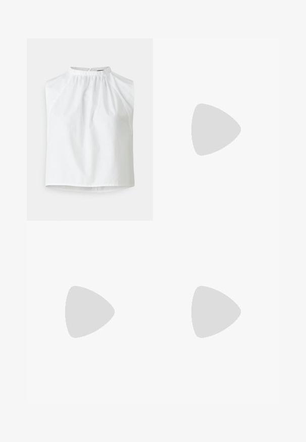 White sleeveless top with a high neckline, gathered detailing, and a boxy fit. Made from smooth fabric with a clean, minimalist design.; Blue cargo pants made of smooth material with an elastic waistband, tapered cuffs, and two side cargo pockets.; Black leather slingback heels with a pointed toe, featuring a slim heel and a gold-tone accent on the adjustable strap. Smooth texture.; Black leather handbag with a structured design, featuring a cropped shape, top handle, and gold hardware accent. Adjustable shoulder strap included.