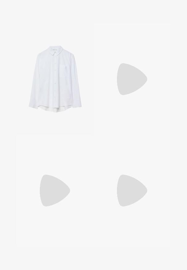 Bela srajca z dolgimi rokavi, pri čemer je z gumbi in ovratnikom, z enim žepom na prsih, rahlo ukrivljenim robom, prikazana na beli podlagi.; Bež plavice iz denima z nastavljivimi naramnicami, sprednjim žepom in oznako logotipa. Design ravnih hlačnic, gladka tekstura in brez okraskov.; Bela usnjena tenisača z bež semiš poudarki, perforiranim prednjim delom, ravnimi vezalkami in strukturiranim kremnim podplatom. Ima diskretno blagovno znamko na peti.; Črna torbica iz umetnega usnja s krokodilovo teksturo, z zvitim vrhom in zmečkano naramico. Zdi se mehka in kompaktna v oblikovanju.