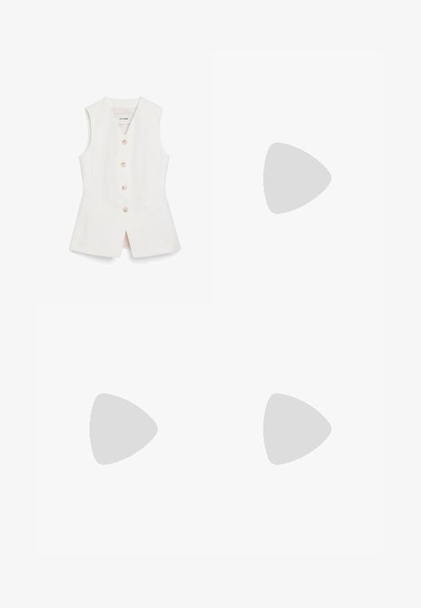 White sleeveless vest with a fitted design, six round buttons, and two front pockets. Made from a smooth material with a clean finish.; Beige wide-leg trousers made of smooth fabric, featuring a fitted waist, pleats, and a loose fit through the legs. Simple design and clean lines.; White leather high-heeled shoe with a pointed toe, ankle strap, and a slim stiletto heel. Smooth texture with subtle glossy finish.; Leopard print handbag made of suede with a short handle, a chain strap, and a black hardware clasp. Rectangular shape with a flap closure.