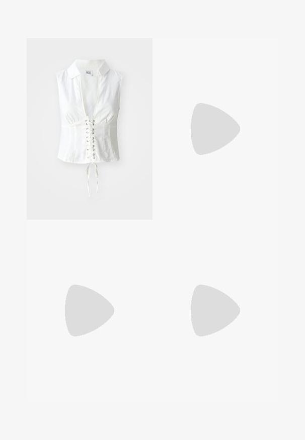 White linen sleeveless shirt with a deep V-neck and lace-up front. Features a collar, side seams, and a tie detail at the bottom.; Wide-leg trousers in a faded olive green with beige abstract patterns. Features a classic five-pocket design and metal hardware accents.; Beige platform sandals with a smooth suede upper, open-toe design, thick sole, and subtle branding, paired with dark flared jeans.; Gray leather clutch with a soft, textured surface and a zip closure. Features a logo embossed on the front. Holds in one hand.