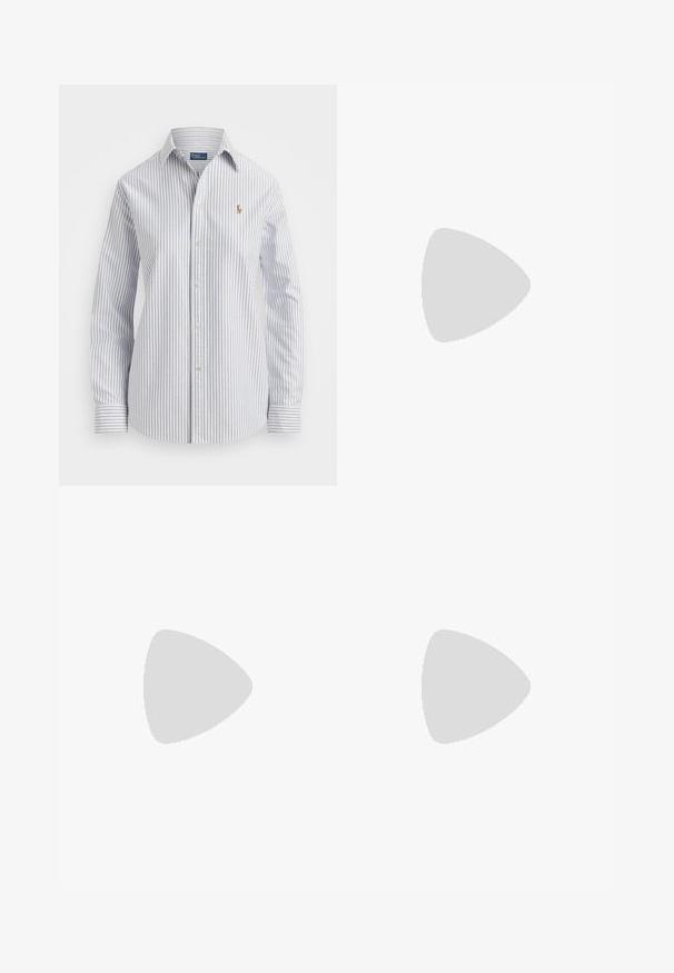 Striped button-up shirt in light blue and white, featuring a soft fabric, classic collar, and embroidered logo on the chest.; Blue tailored shorts with belt loops, front pleats, and a hidden front closure, shown against a white background.; White leather sneakers, low-top design, featuring a smooth texture, round toe, laced front, and a small embroidered logo on the side.; Tan leather handbag with a curved shape, gold hardware, and a thin shoulder strap. Features a zipper closure and logo detail on the front.