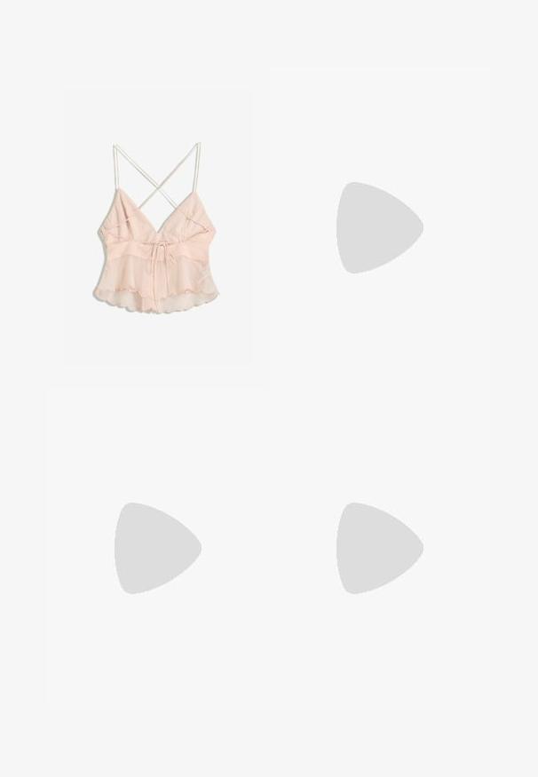 Camisola roz deschis cu bretele ajustabile, un corset ajustat și un tiv evazat cu margine zimțată și detaliu cu funda.; Fustă creion cu paiete în lavandă deschisă, având un tiv neted și paiete dense și strălucitoare care acoperă întreaga țesătură.; Sandala flip-flop din cauciuc negru, cu un bretele texturat și o talpă simplă și plată, prezentată din lateral pe un fundal simplu și deschis.; Ochelari de soare ovali negri cu lentile întunecate, cadru subțire din metal și brațe drepte. Prezintă logo-ul mărcii pe brațul interior și suporturi pentru nas.