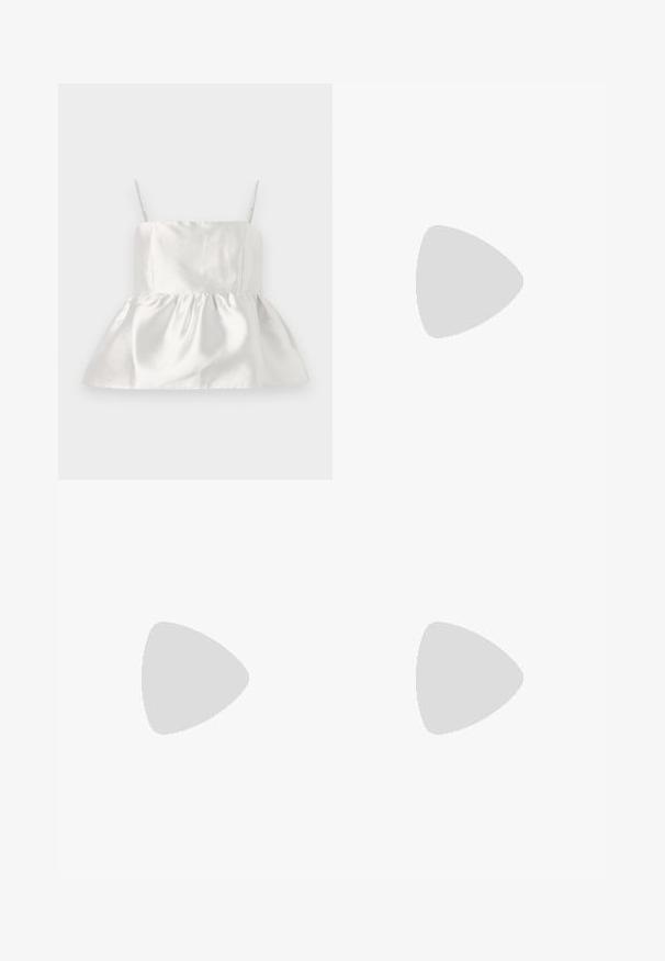 White satin top with thin straps and a fitted bodice that flares into a gathered peplum hem, smooth texture with slight sheen.; Light blue denim shorts with a high waist, raw hem, five pockets, and decorative side stitching pattern. Made from cotton fabric.; Pink heeled sandals with strappy design and ankle buckle. Features a decorative element at the toe and a modern, tapered heel design.; Black leather handbag with a unique fan shape, featuring flat handles. The surface has a pebbled texture and a minimalistic design.