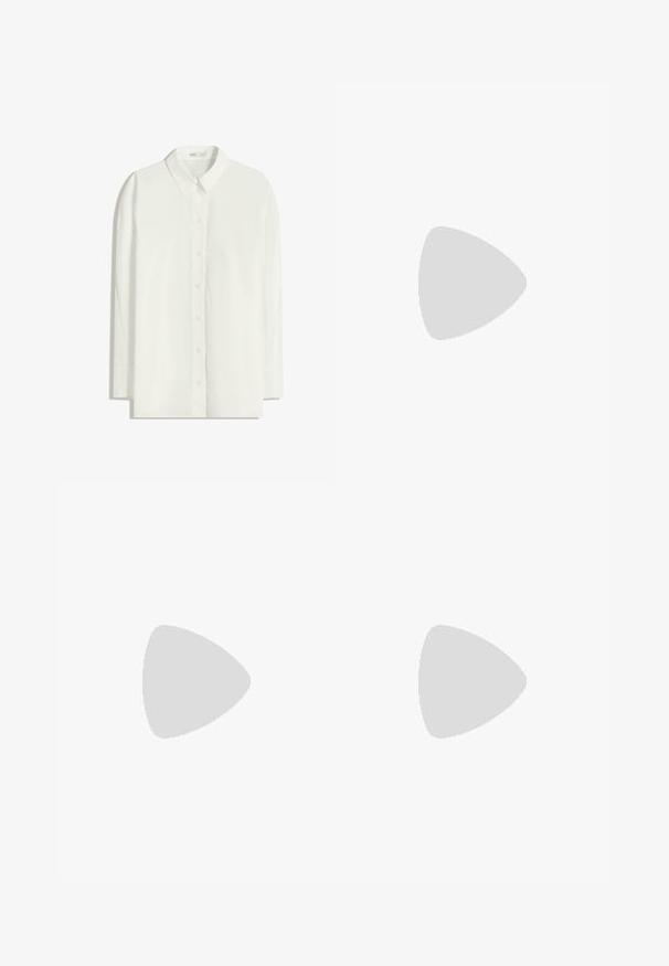 Cămașă albă cu mâneci lungi și nasturi, confecționată dintr-un material ușor. Prezintă un guler clasic, tiv drept și deschidere cu nasturi.; Pantaloni din denim negri cu picioare largi, cu talie înaltă, având buzunare frontale și posterioare, cusături dublate și închidere cu nasture. Textură netedă.; Loafere din piele neagră cu o talpă groasă din cauciuc, bandă pentru bănuți și vârf rotunjit, prezentate în profil lateral pe un fundal alb.; Geantă de mână din piele lăcuită neagră, cu o formă curbată, un umăr, buzunare frontale și accente din metal argintiu.