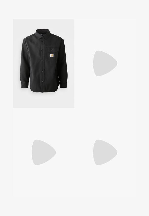 Camisa negra de manga larga con un frente abotonado, cuello puntiagudo y un bolsillo en el pecho con un parche de logo. Tejido suave y texturizado.; Camiseta de algodón blanca con mangas cortas y cuello redondo. Presenta un logo negro de "Carhartt" impreso en la parte superior izquierda del pecho.; Jeans anchos de color beige claro, hechos de denim, con grandes bolsillos de parche, costuras en contraste y una textura ligeramente desteñida.; Zapatillas de cuero blanco con logo de Nike verde, puntera redonda, suela plana, combinadas con pantalones de mezclilla azul claro, sobre una alfombra azul.