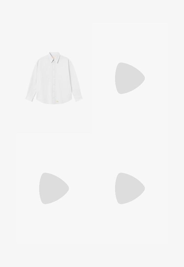 Jednoduché olivovo zelené tričko s krátkym rukávom a okrúhlym výstrihom, s malým bielym kruhovým logom "W" na ľavej hrudi.; Biela košeľa s gombíkmi a klasickým golierom, dlhými rukávmi a zaobleným lemom; obsahuje malé oranžové logo na dolnej ľavej strane.; Zničené džínsy vo svetlozelenej farbe s rovnými nohavicami, piatimi vreckami a nerovnomerným vyblednutím so škvrnami od farby.; Čierne kožené mokasíny s hladkou textúrou, zaoblenou špičkou a dekoračným pásikom cez priehlavok. Nízky vrstvený opätok, minimalistický dizajn.