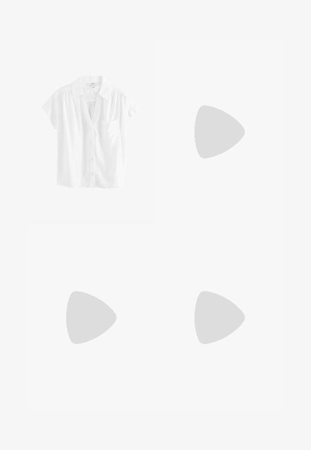 Camisa blanca de manga corta con botones y cuello, que cuenta con un único bolsillo en el pecho y una tela suave y ligera con una sutil textura.; Top blanco sin mangas combinado con una falda gris asimétrica que tiene una cintura fruncida, hecha de una tela suave y fluida, y tacones beige de punta. ; Zapatos de charol negro con tira trasera, punta afilada, detalles de una sola tira y un tacón bajo y estructurado. Textura suave con acentos mínimos.; Gafas de sol de plástico negro con lentes verdes, montura cuadrada, acento plateado en la ceja y brazos texturizados. Marca indicada en el brazo interno.