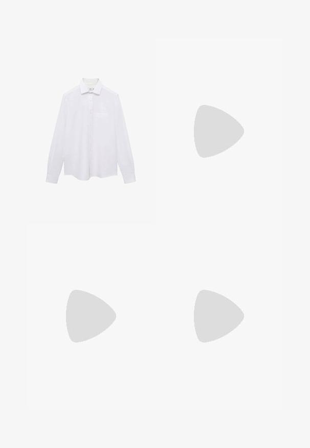 Bijela košulja dugih rukava od pamuka, s klasičnim ovratnikom, dugmadi sprijeda i jednim džepom na lijevoj strani prsa. Glatka tekstura.; Next SLIM FIT ESSENTIAL - Hlače za odijelo - navy; Crne sintetičke cipele s teksturiranim gornjim dijelom, glatkim akcentima, smešnim petom i kontrastnom potplatom. Imaju minimalne vezice i detalje šivanja.; Crne sunčane naočale pravokutnog oblika, tamne leće, srebrni detalji na sljepoočnicama i matirajuća završna obrada okvira.