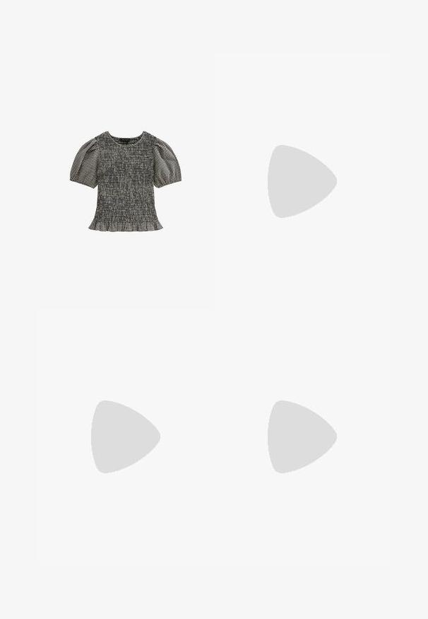 Svartvit rutig blus med smockad kropp, korta puffärmar och volangkant. Tillverkad av lätt, strukturerad tyg.; Röda sportshorts med resår i midjan, vit kant vid nederkanten och en subtil glans. Har Adidas-logotypen i vitt på nedre vänster sida.; Svarta läderplattformssandaler med justerbara ankelremmar och breda framremmar, med en texturerad sula och minimalistisk design.; Solglasögon med kantiga svarta bågar på en modell med en grå tröja som visar upp en strukturerad stickad yta och en svart läderjacka som bärs av en annan modell.; Svart nylonhandväska med dragkedjestängning, smal rektangulär form, handtag upptill och en diskret präglad logotyp på framsidan.